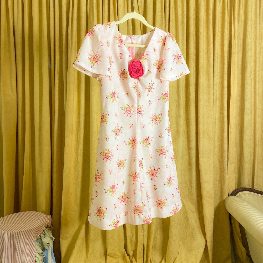 White pink green and orange 1960's handmade sun dress with flowy short s…